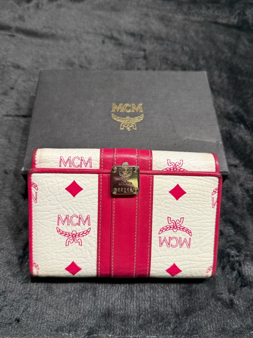 MCM White and Pink Logo Printed Wallet with Gold Hardware